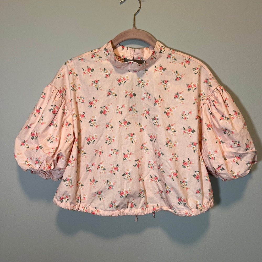 Anthropologie Pink Floral Puff Sleeve Open Back Ruffle Crop Top Mock Neck